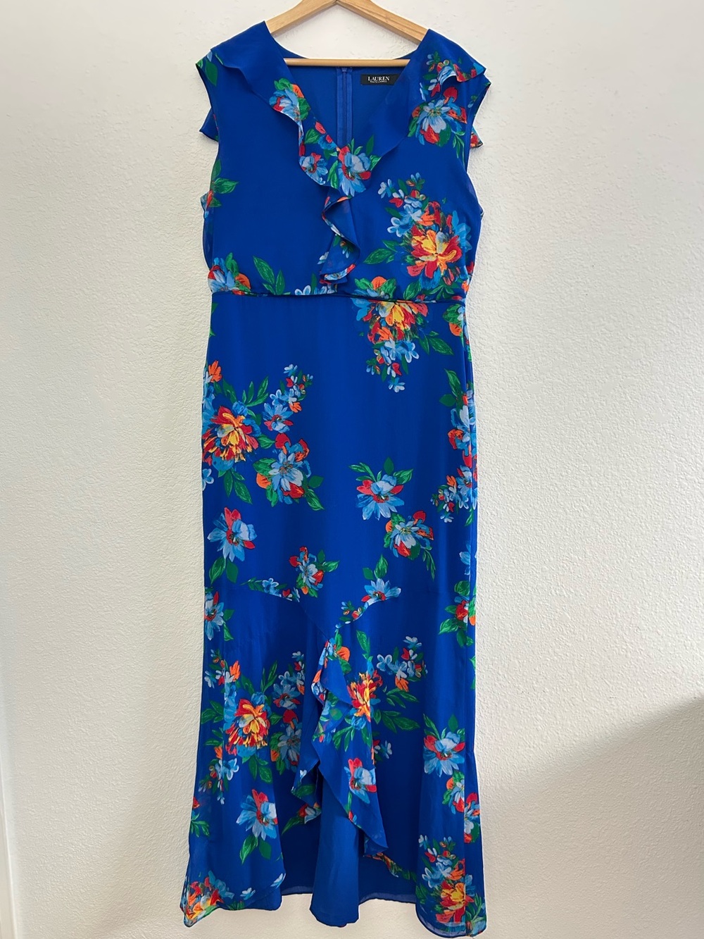 LAUREN RALPH LAUREN SZ 14 Georgette Cobalt Blue Floral Hi-Low Dress RUFFLED NECK